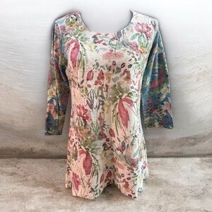 Whimsey Rose sz LG floral tunic thermal 3/4 sleeves long A-line flare shirt top